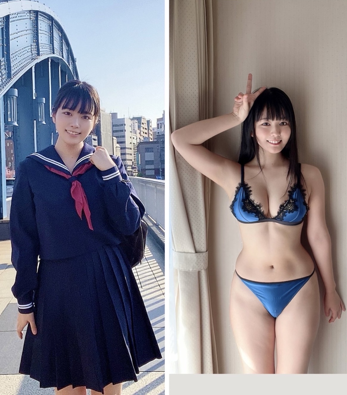 【画像】巨乳JK「制服の時と水着のとき比べてみた！w」